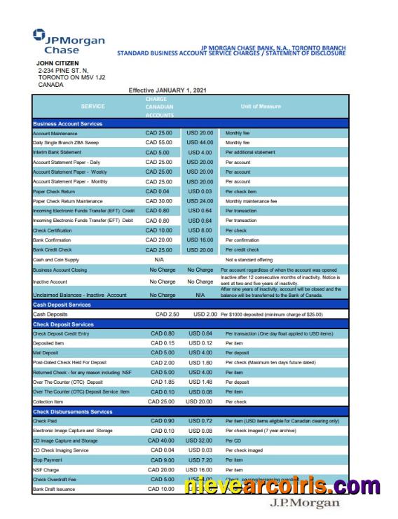 USA JP Morgan Chase bank statement in .xls and .pdf file format